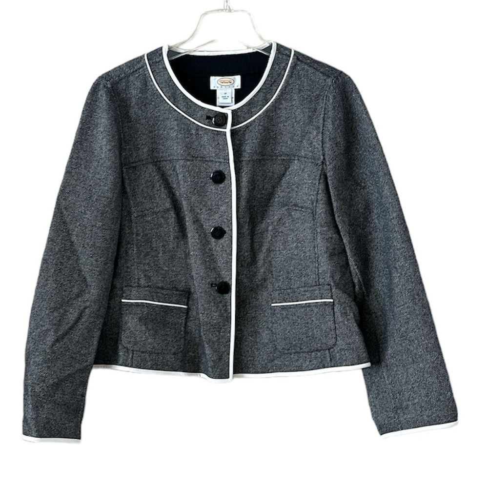 Talbots Petites Wool Crop Blazer Size 14 Pockets White Trim Long Sleeves